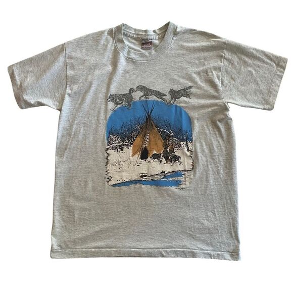 Vintage Native American Graphic Single Stitch T-Shirt Grey - Picture 1 of 6